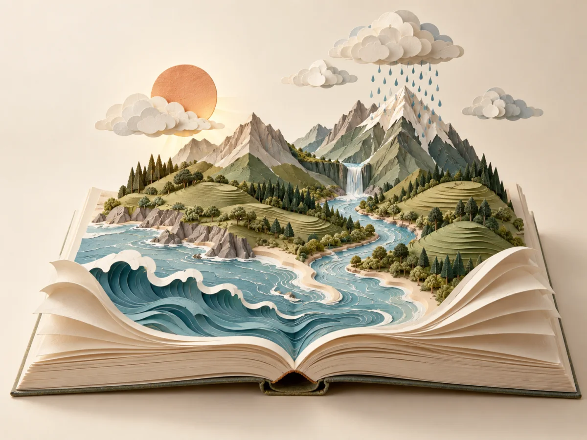 Объёмная бумажная иллюстрация: из открытой книги вырастают море, горы и дождевые облака